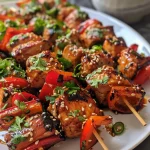 Detailed image of honey-glazed chicken skewers, showcasing vibrant red bell pepper and onion chunks.