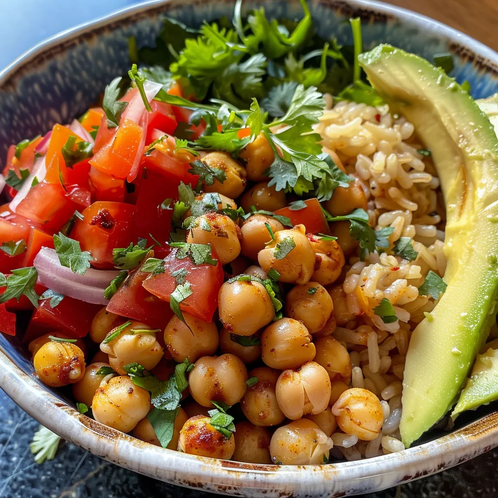 Appetizing Spicy Chickpea & Rice Bowl with a lemon wedge and cilantro garnish.