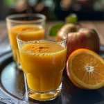 Side view of freshly prepared Turmeric Ginger Orange Shots with whole ingredients nearby.