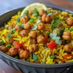 A detailed image showcasing steaming turmeric rice with crispy chickpeas and diced vegetables.