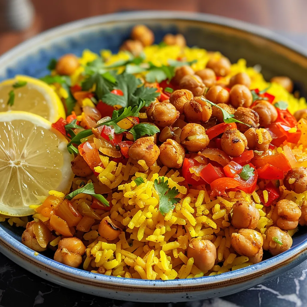 Close-up shot of seasoned turmeric rice accompanied by golden, crispy chickpeas and fresh herbs.