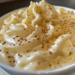 Rich vanilla pudding served in a white dish, with a wooden spoon beside it.