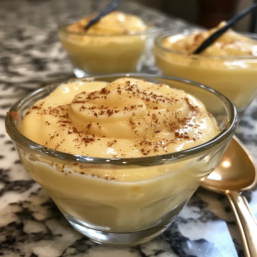 Side view of homemade vanilla pudding, showcasing its glossy texture and a hint of vanilla bean.