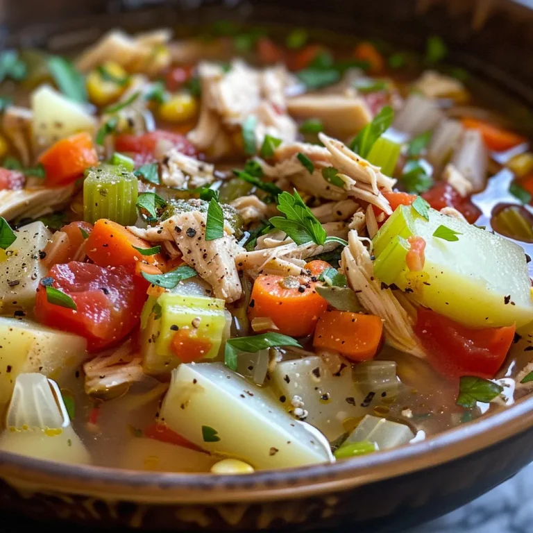 A hearty bowl of vegetable chicken soup with an array of vegetables visible, garnished with a sprinkle of parsley.