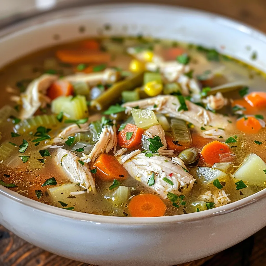 A detailed look at a bowl of savory vegetable chicken soup, highlighting the rich broth and assorted vegetables.