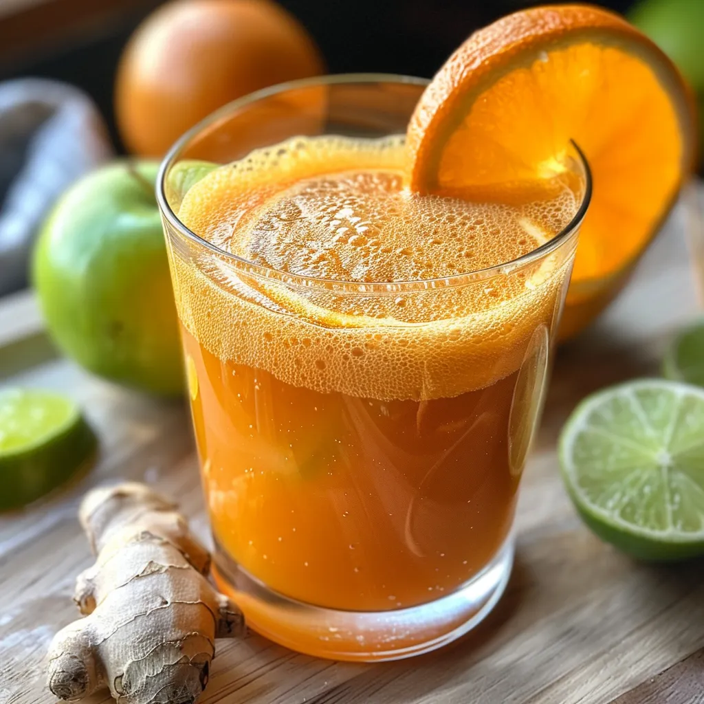 Detailed shot of a fresh juice blend with orange, lime, and ginger.