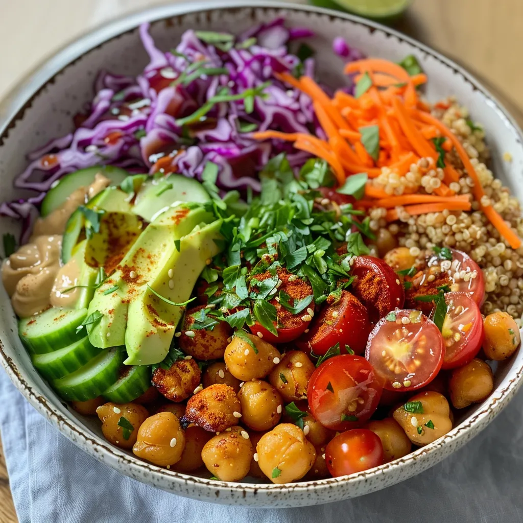 An appetizing chickpea bowl with sliced avocado, grated carrot, and a drizzle of tahini sauce.