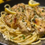 A delicious serving of Lemon Butter Garlic Chicken Pasta, garnished with fresh parsley and lemon slices.