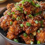 Detailed image of fried spicy Korean chicken bites with a drizzle of sauce, topped with sesame seeds.