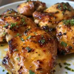 Glazed chicken in honey mustard marinade, garnished with fresh herbs.