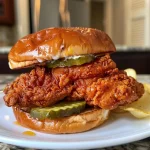 Delicious Nashville Hot Chicken Sandwich stacked high on a plate, highlighting its texture and toppings.