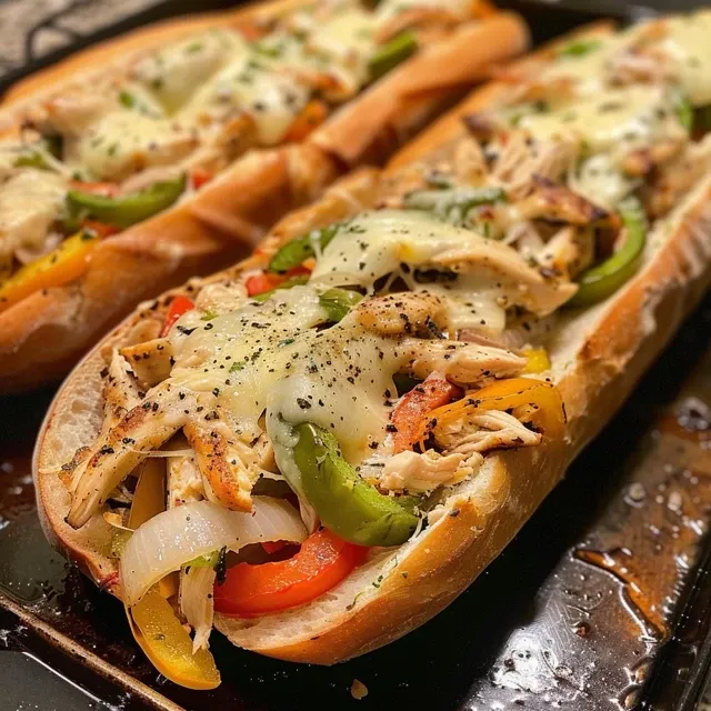 A Taste of Philadelphia: The Chicken Cheesesteak Adventure A freshly made chicken Philly cheesesteak on a hoagie roll, showcasing vibrant ingredients.