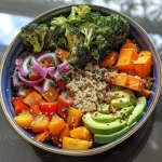 A healthy quinoa dish showcasing an assortment of roasted vegetables and garnishes.