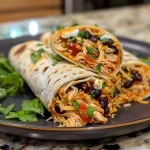 A detailed photo of a seven layer chicken burrito filled with shredded chicken, rice, and toppings, ready to eat.