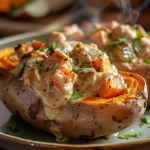 Juicy savory chicken pot pie filling in a sweet potato, showcasing bright colors from veggies.