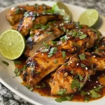 Close-up of succulent sweet chili lime chicken thighs, showcasing a crispy exterior and vibrant garnishes.