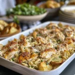 Textured image of pasta salad with creamy dressing, chicken, and fresh greens.