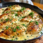 A vibrant side view of a delicious creamy lemon garlic chicken dish in a skillet, highlighting the ingredients and sauce.