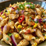 Side view of BBQ chicken pasta salad showcasing juicy chicken and bright bell peppers.