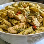 Delicious slow cooker pasta dish featuring chicken, pesto, and colorful seasonings.