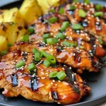 Side view of succulent grilled chicken thighs topped with a rich teriyaki sauce and garnished.