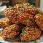 Juicy fried chicken wings coated in a spicy red sauce on a wooden table.