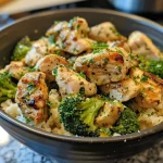 Side view of a Keto-friendly dish featuring chicken and broccoli in a rich cream sauce.