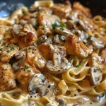 A bowl of chicken stroganoff showcasing a golden crust and luscious sauce.