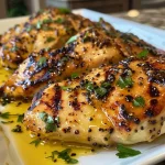 A perfectly grilled chicken piece topped with a shiny honey mustard dressing and fresh herbs.