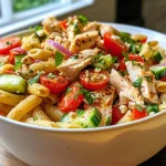An appetizing close-up of protein-packed chicken pasta salad with fresh ingredients.