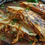 Juicy charred BBQ chicken quesadillas on a plate, highlighted by fresh parsley and a crispy tortilla exterior.