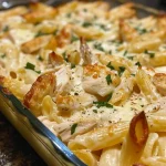 Creamy chicken Alfredo pasta casserole topped with melted mozzarella and parsley.