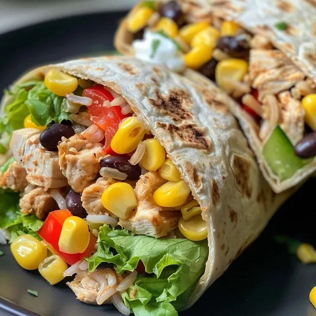 Detailed shot of a Southwest Chicken Wrap with visible chicken and vegetables.