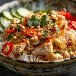 Colorful bowl of Spicy Chicken Vermicelli featuring toppings of herbs and peanuts.