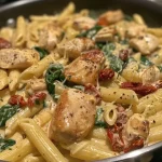 Penne pasta coated in a rich, creamy sauce with pieces of chicken and sun-dried tomatoes.