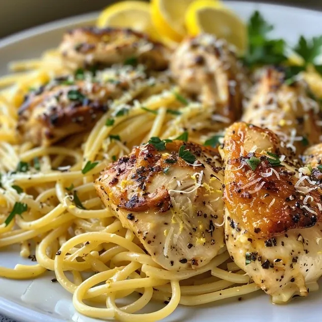 Side view of pasta with chicken, showcasing a buttery garlic sauce and vibrant lemon flavors.