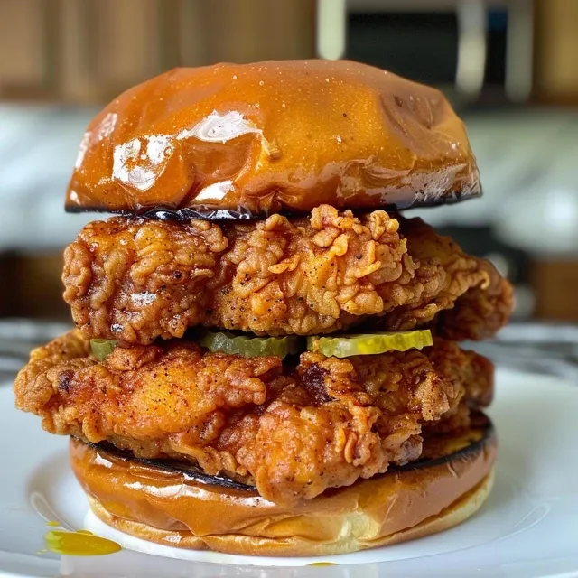 Succulent Nashville Hot Chicken Sandwich with golden fried chicken and dill pickles, styled on a rustic surface.