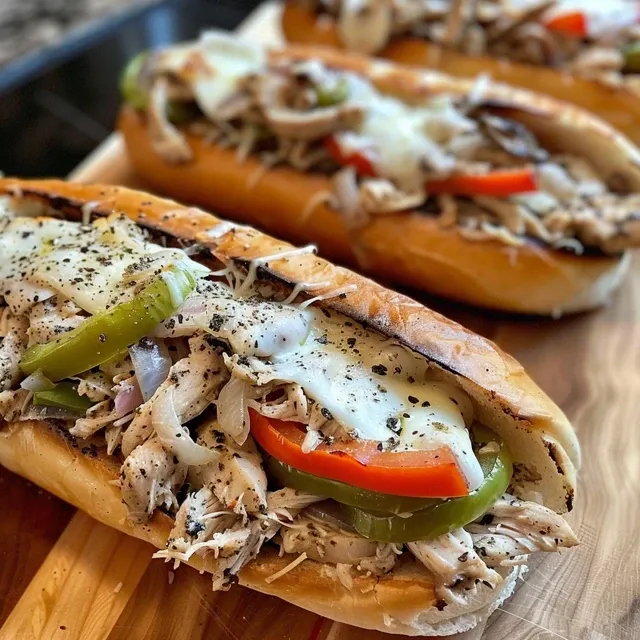 Juicy chicken cheesesteak with toppings, highlighting the texture and flavors of the sandwich.