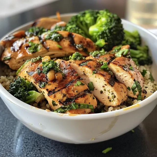 Detailed shot of a creamy chicken and broccoli bowl garnished with herbs.