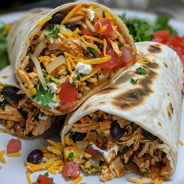 Close-up image of a hearty seven layer chicken burrito with visible layers of ingredients, garnished with cilantro.