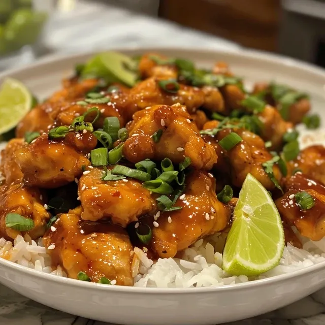 Tender chicken thighs glistening with a zesty sauce, complemented by fresh cilantro and lime wedges.