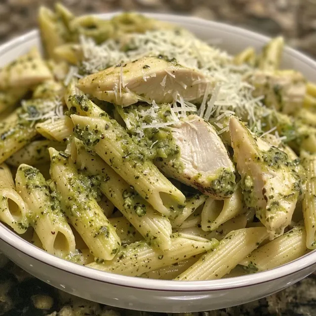 Savory pasta dish featuring chicken, pesto, and a creamy sauce, served in a bowl.
