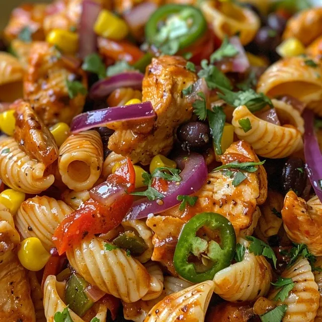 Detailed shot of a tasty BBQ chicken pasta salad with mixed vegetables and pasta shells.