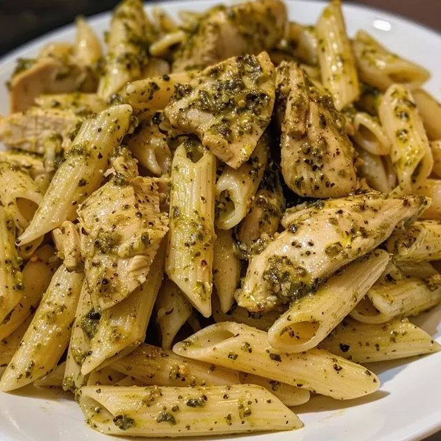 Tasty serving of pesto chicken pasta with short pasta in a rustic bowl.