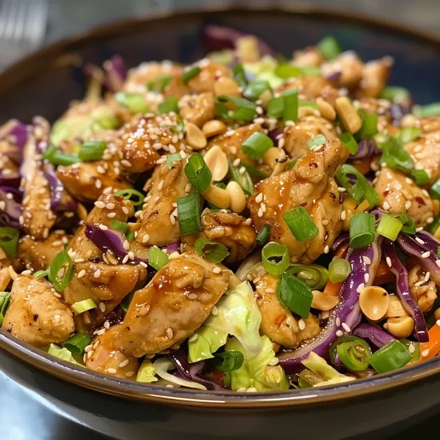 Mouthwatering close-up of a healthy Chinese chicken stir-fry with cabbage.