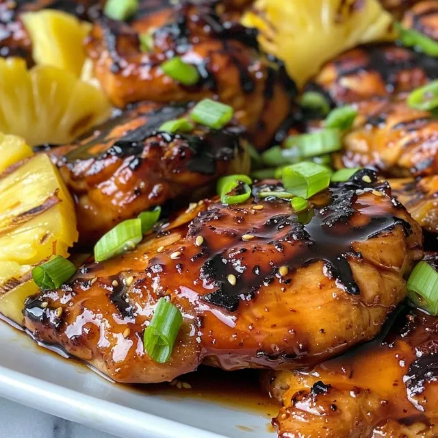 Plate of grilled teriyaki chicken accompanied by pineapple slices and green onions.