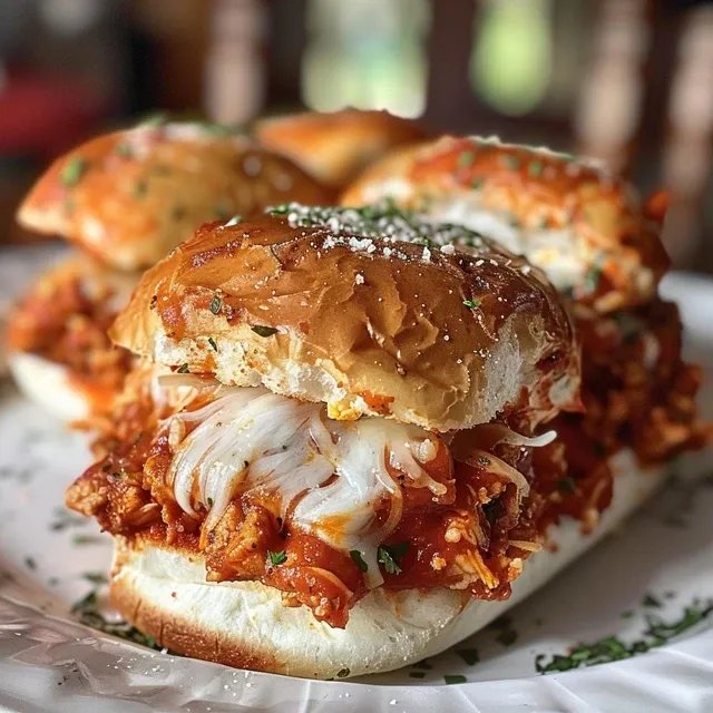 A mouth-watering Chicken Parmesan Sloppy Joe served on a soft bun with marinara and Parmesan cheese.