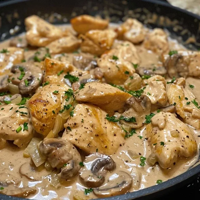A side view of delicious creamy chicken stroganoff garnished with fresh herbs.