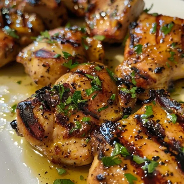 Side view of honey mustard chicken on a plate, showcasing its tender texture and vibrant color.