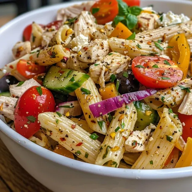 A side view of a protein-rich chicken pasta salad showcasing cherry tomatoes and olives.